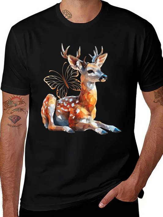 Geometric Deer & Butterfly Graphic T-Shirt