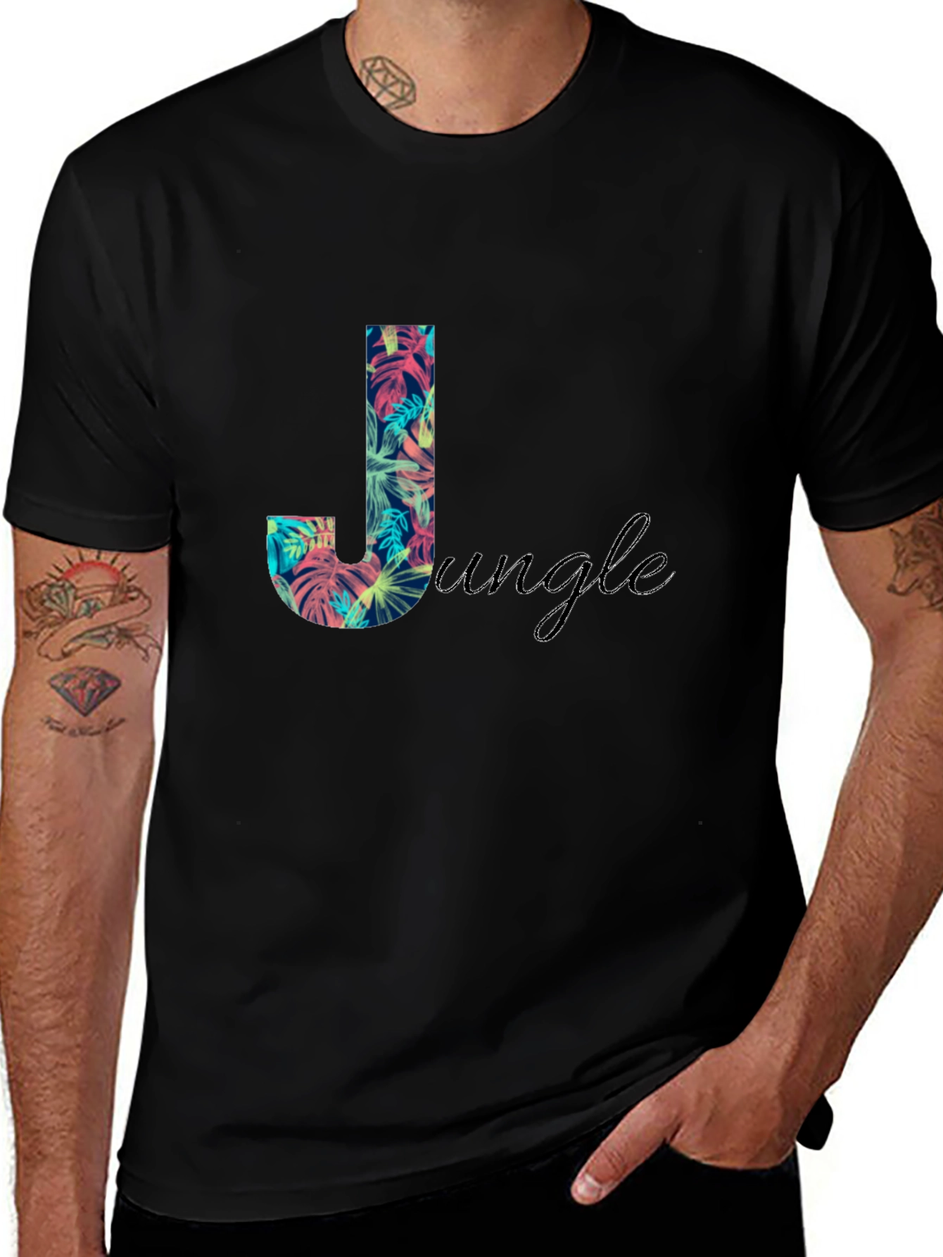 Tropical Jungle Print Black T-Shirt
