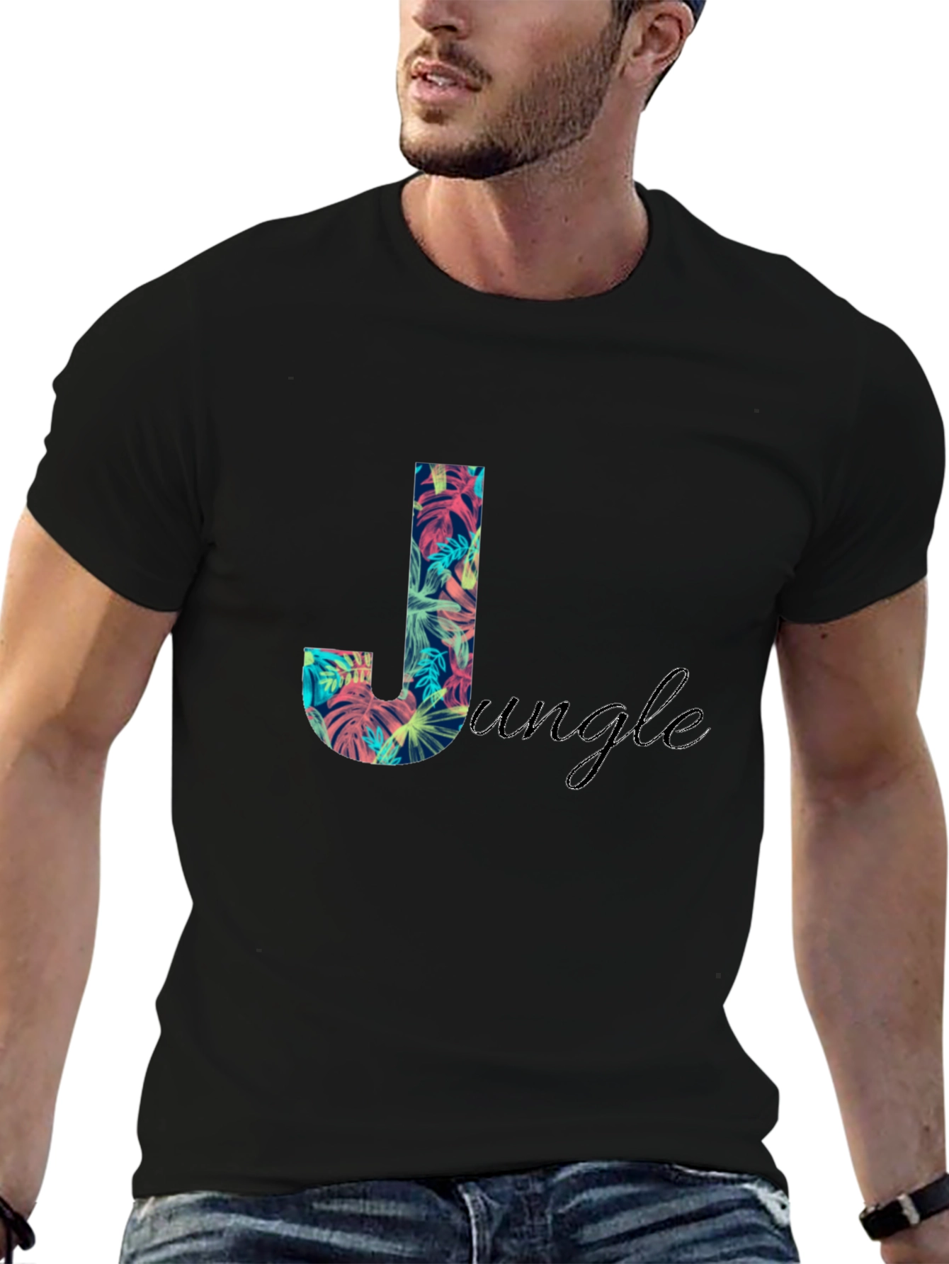 Tropical Jungle Print Black T-Shirt