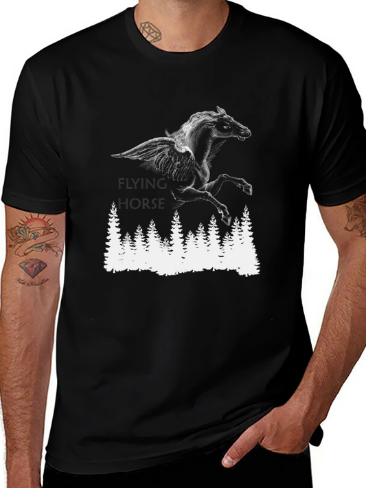 Flying Horse Graphic Tee - Black Cotton T-Shirt