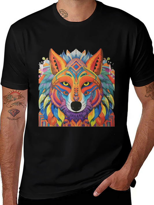 Abstract Wolf Graphic Print Black T-Shirt