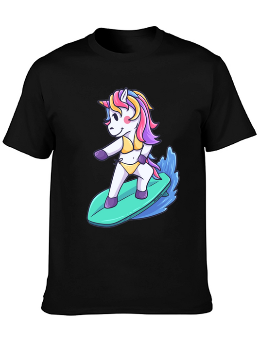 Unicorn Surfer T-Shirt - Black Cotton Tee