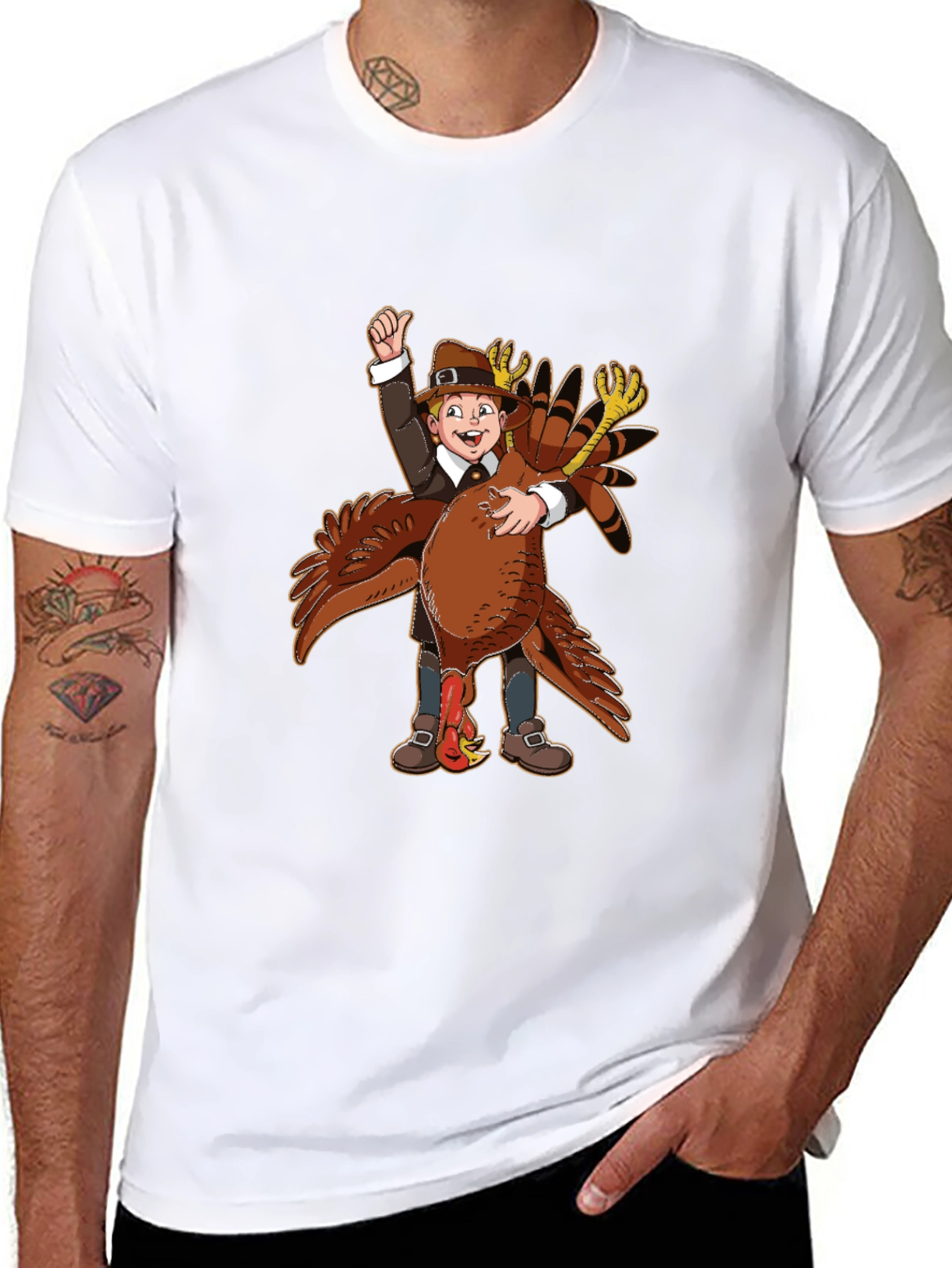 Thanksgiving Pilgrim Hugging Turkey T-Shirt