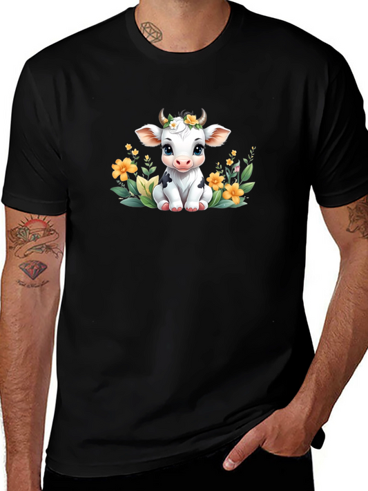 Cute Cow Floral Graphic Tee - Black