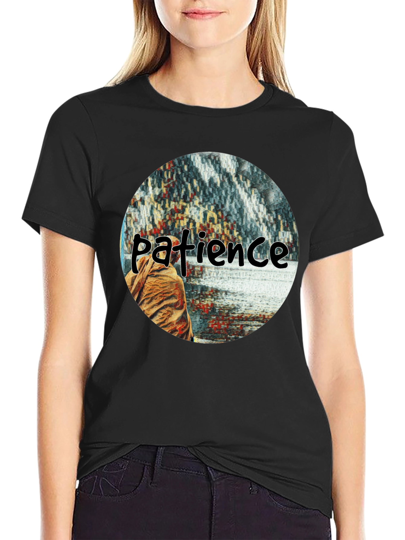 Patience Graphic T-Shirt - Black Crew Neck Tee