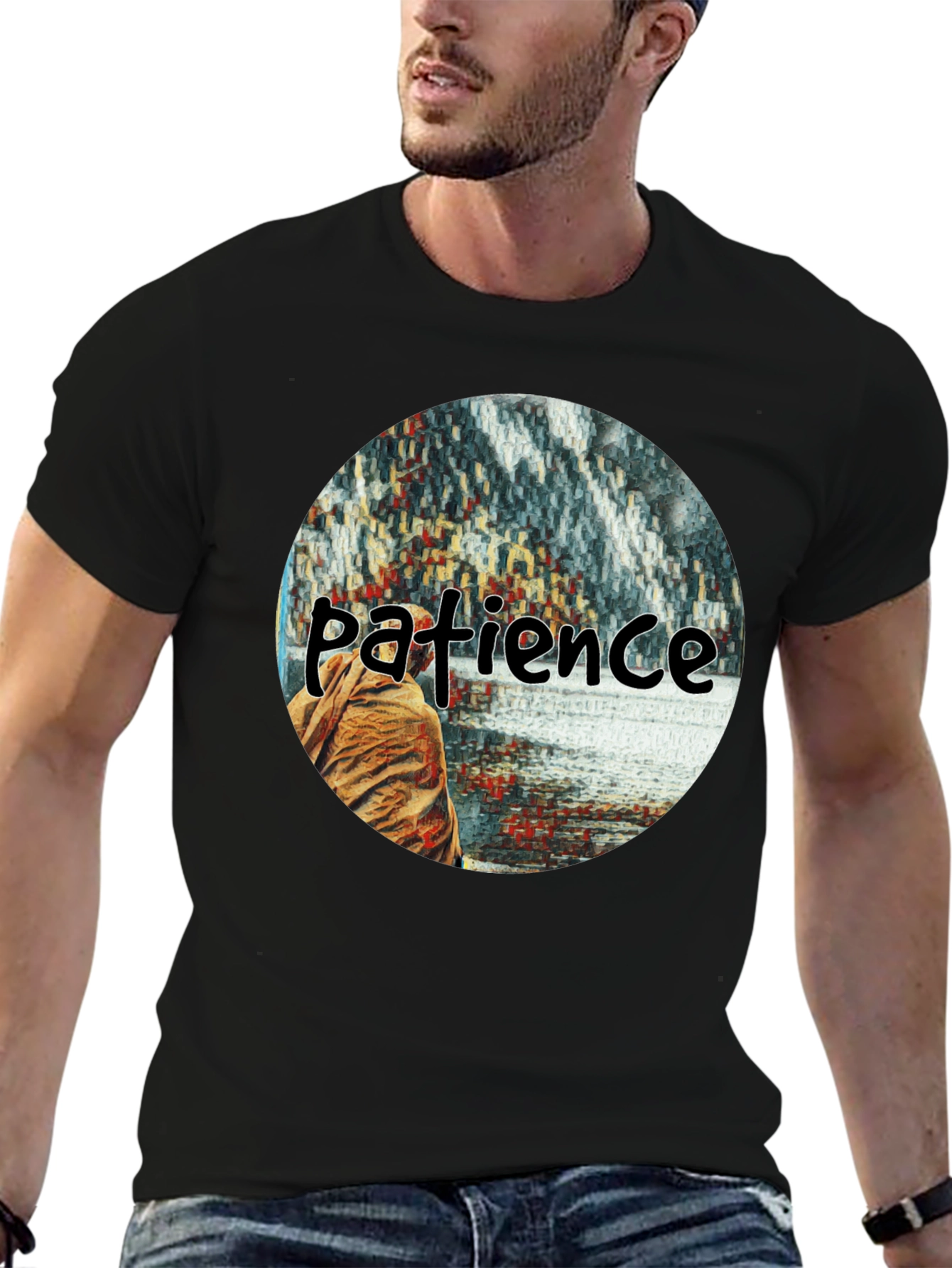 Patience Graphic T-Shirt - Black Crew Neck Tee