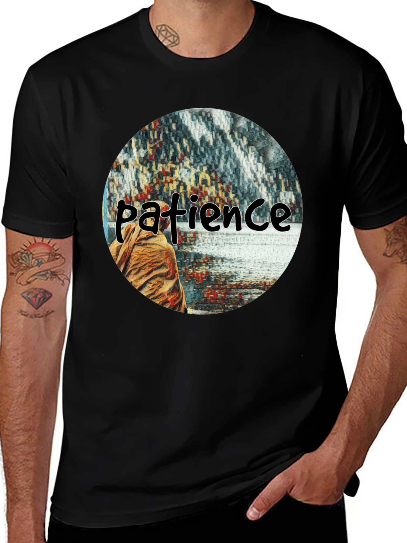 Patience Graphic T-Shirt - Black Crew Neck Tee