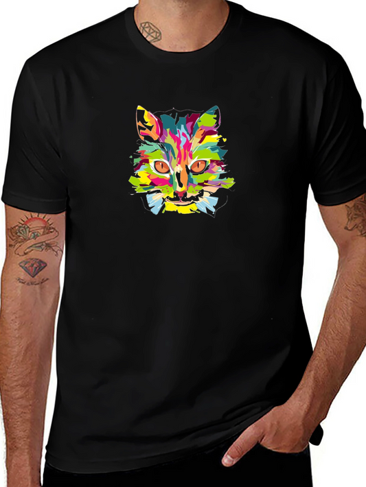 Colorful Cat Graphic Tee - Soft Black Cotton T-Shirt