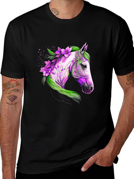 Floral Horse Graphic Tee - Black Cotton T-Shirt
