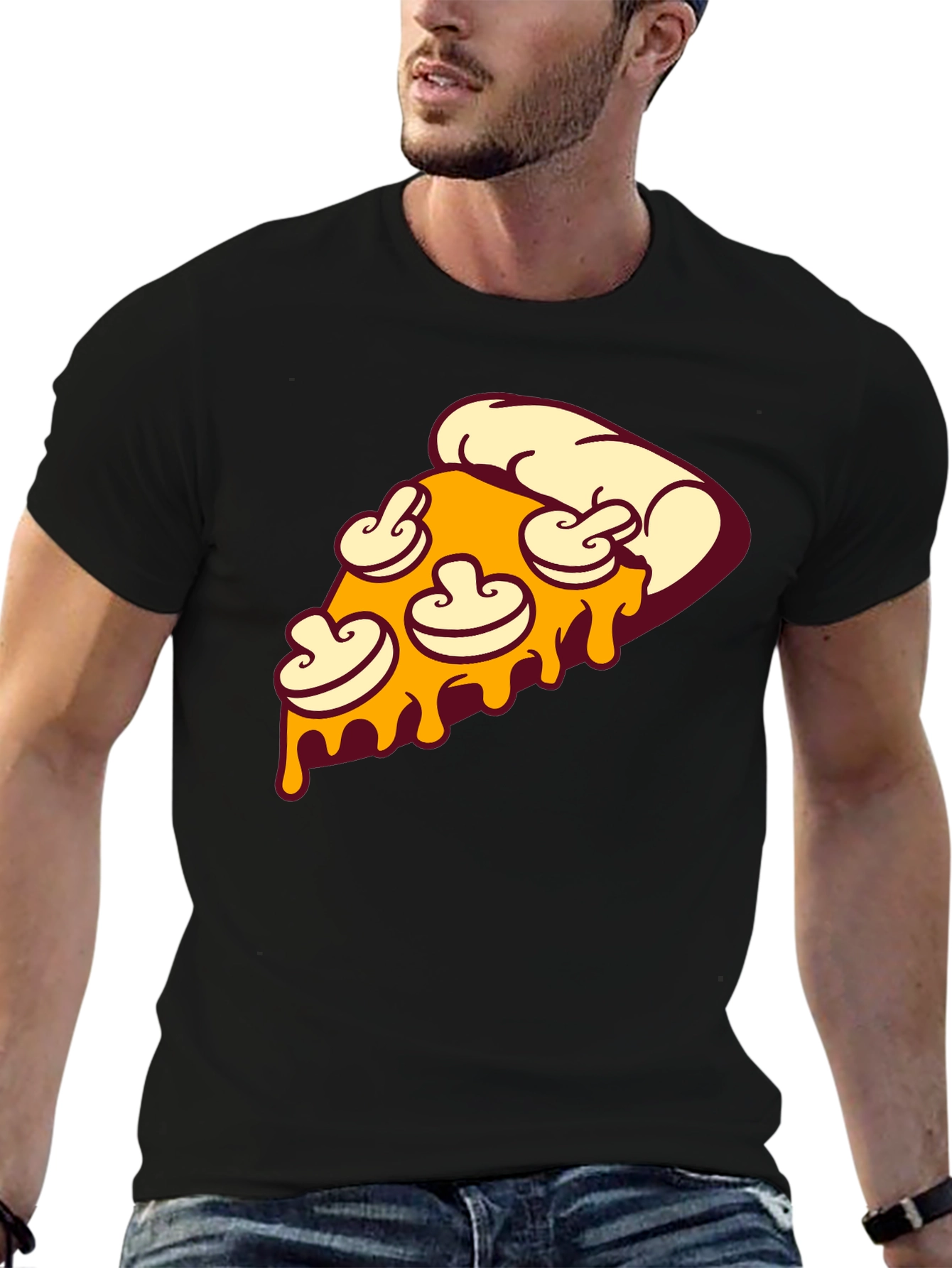 Pizza Slice Graphic Tee - Black Crew Neck T-Shirt