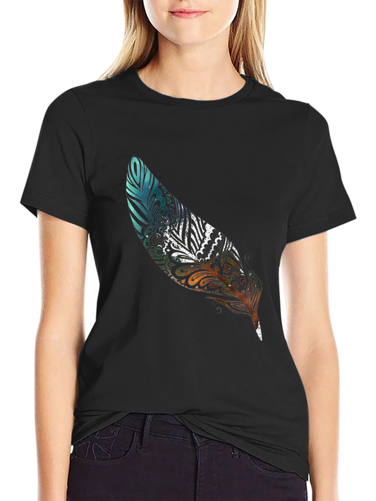 Feather Print Black Casual T-Shirt