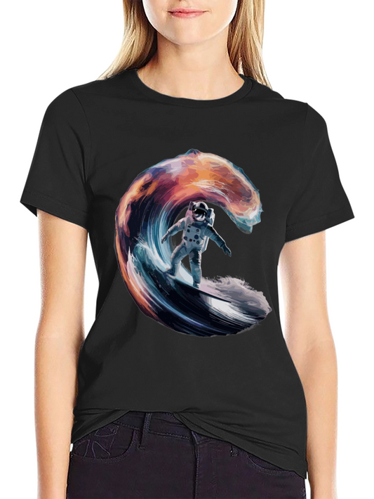 Astronaut Surfing Wave Graphic Black T-Shirt