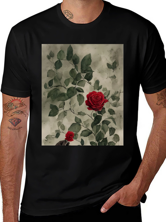 Red Rose Print Black T-Shirt