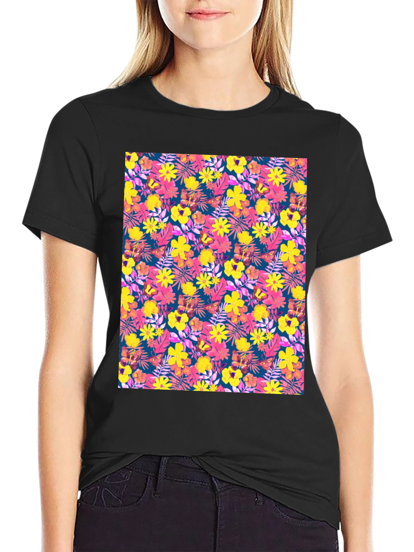 Tropical Floral Print Black T-Shirt