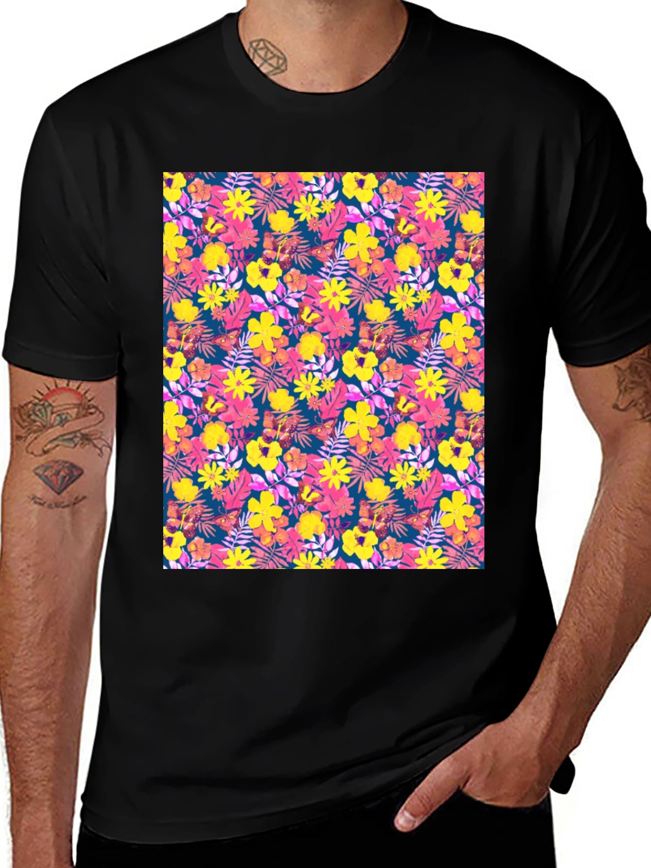 Tropical Floral Print Black T-Shirt