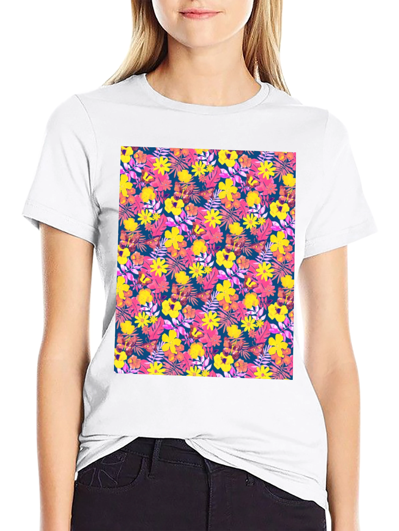 Tropical Floral Print Black T-Shirt