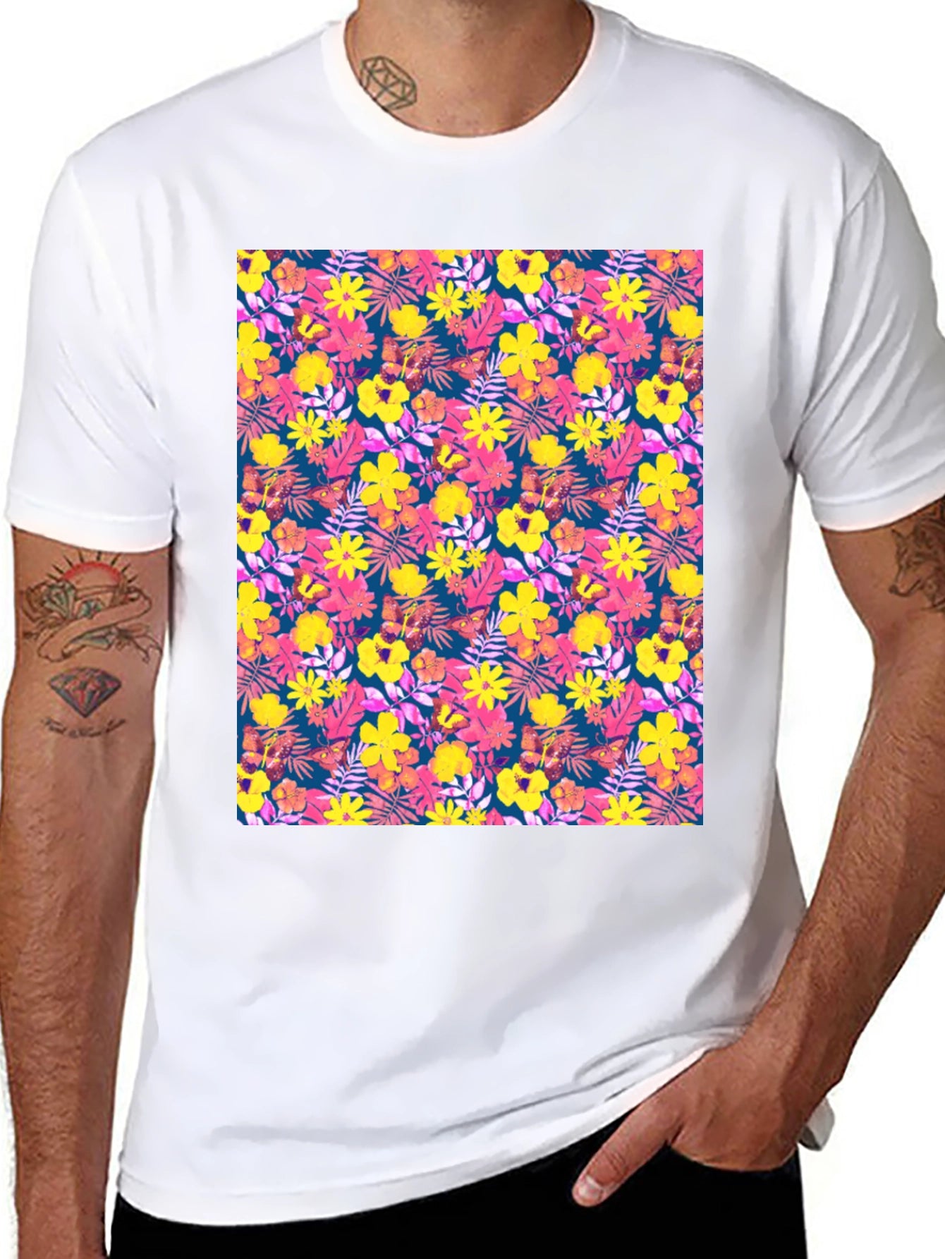 Tropical Floral Print Black T-Shirt