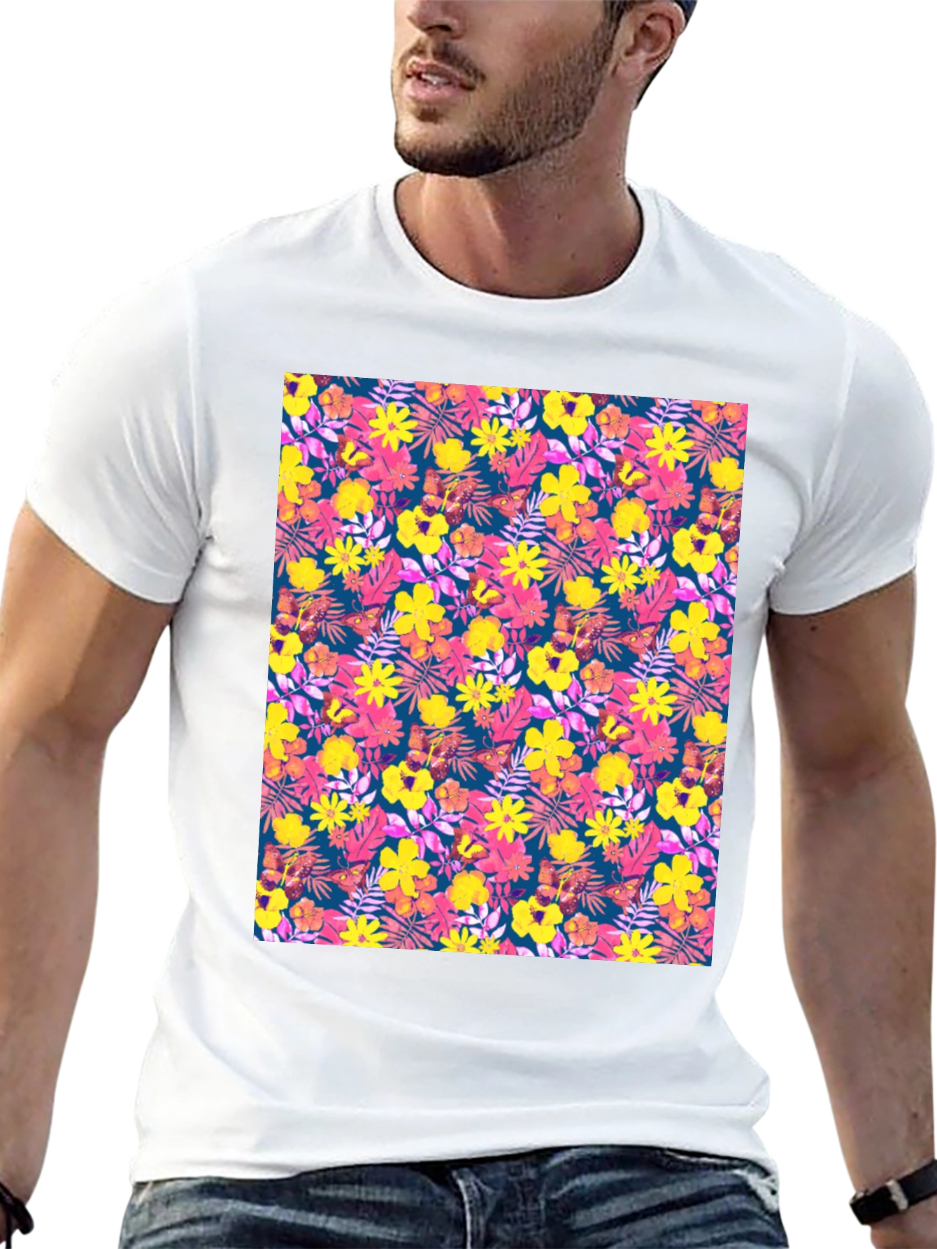 Tropical Floral Print Black T-Shirt