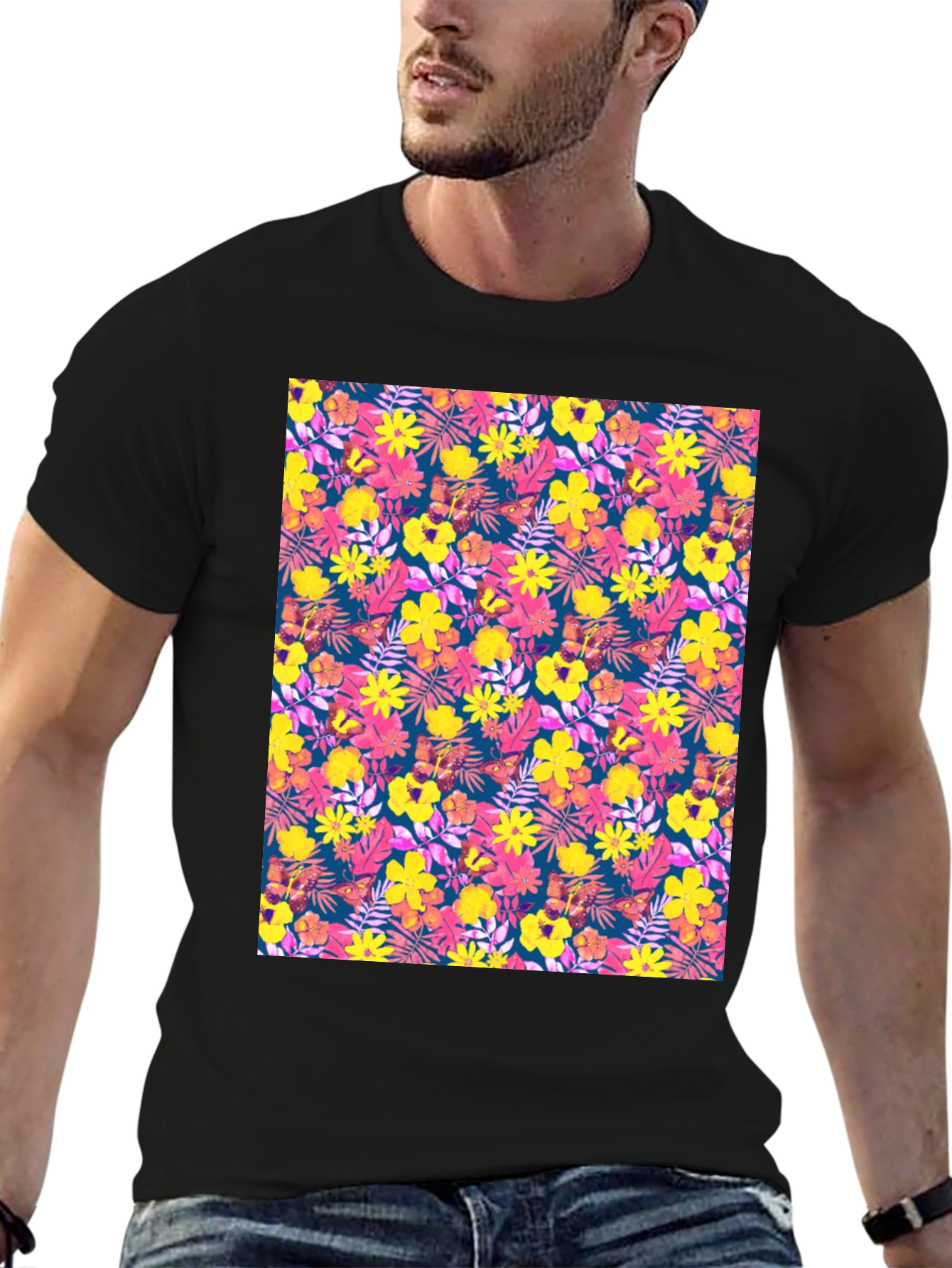 Tropical Floral Print Black T-Shirt