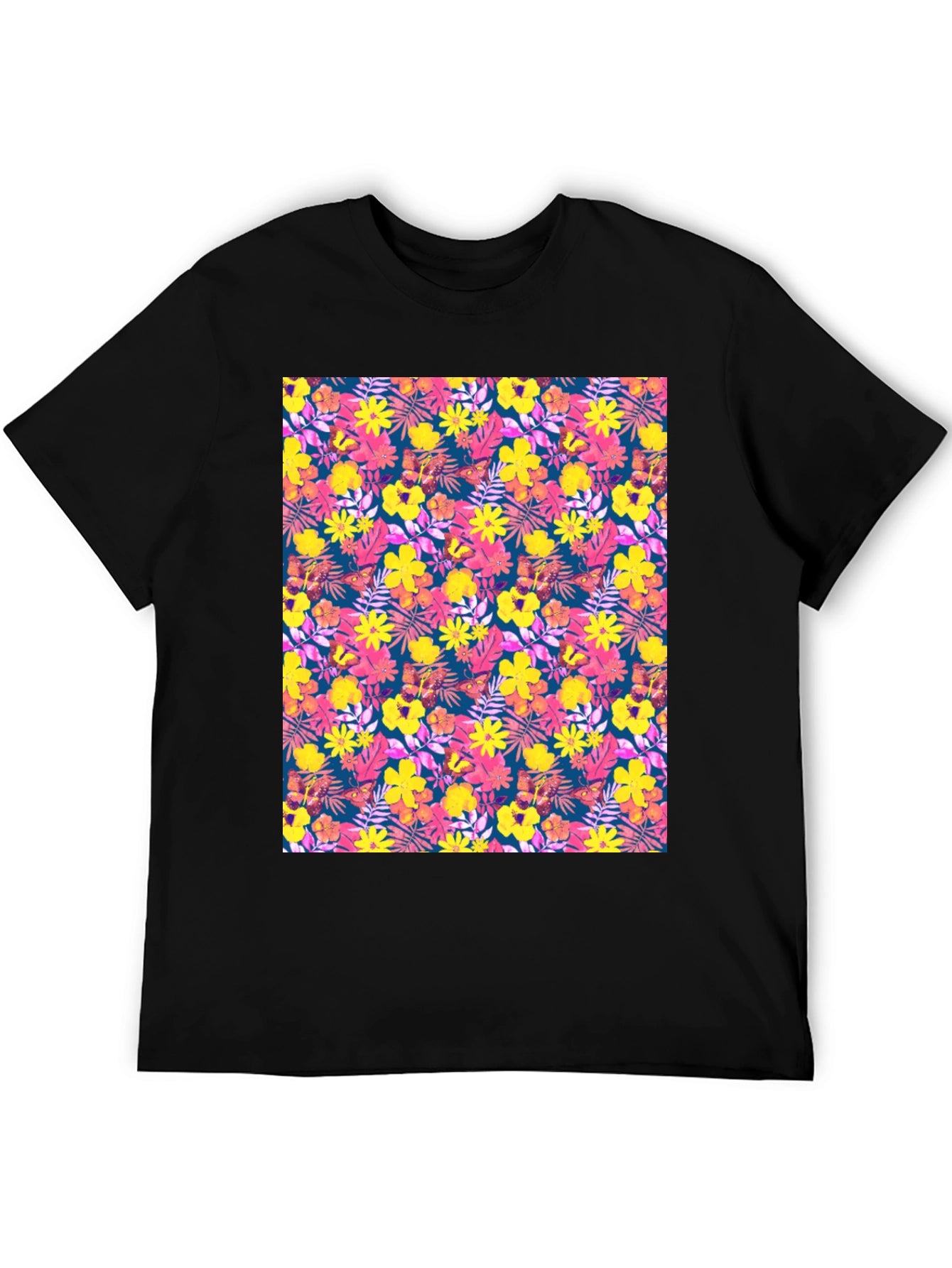 Tropical Floral Print Black T-Shirt