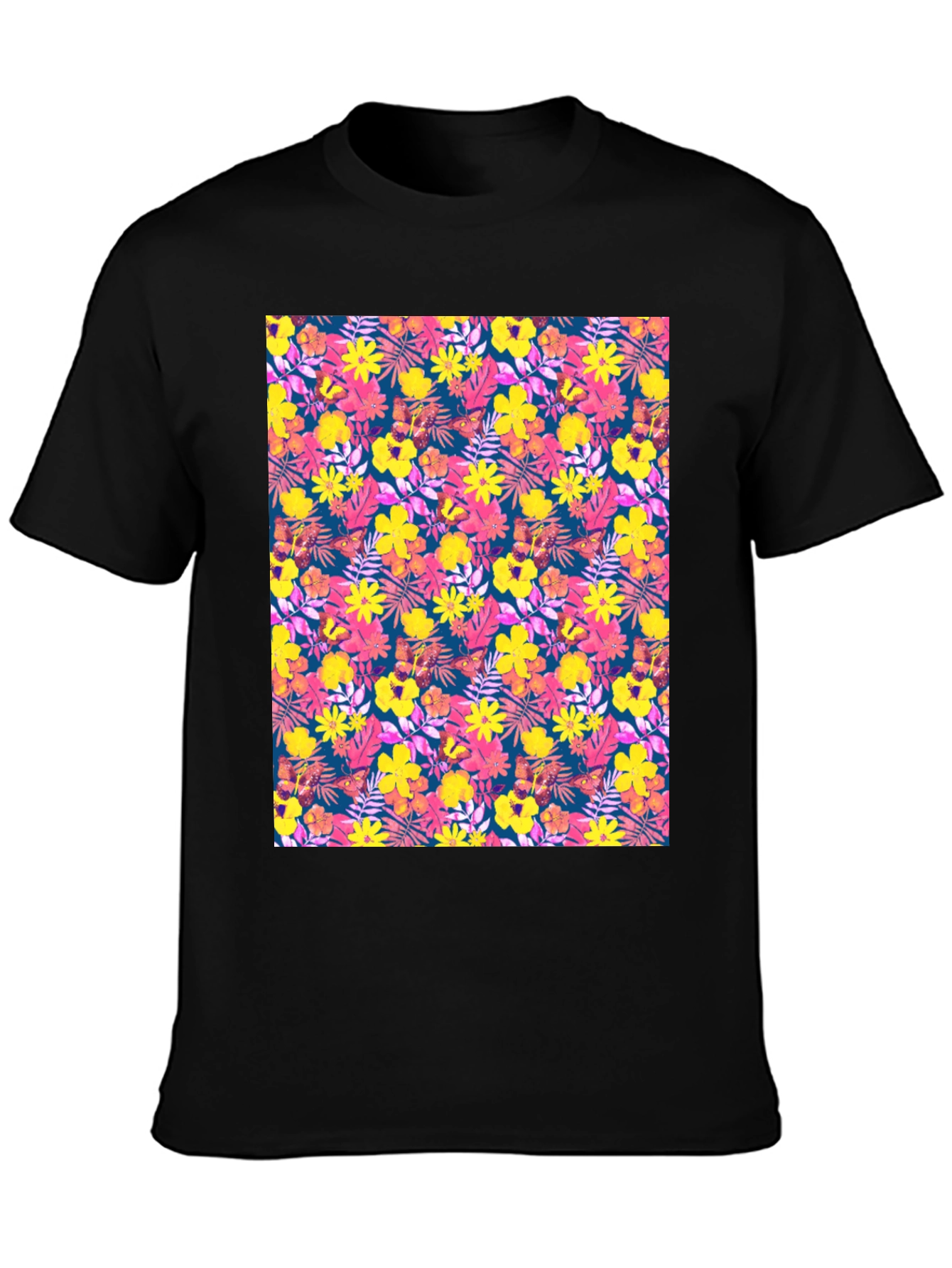 Tropical Floral Print Black T-Shirt