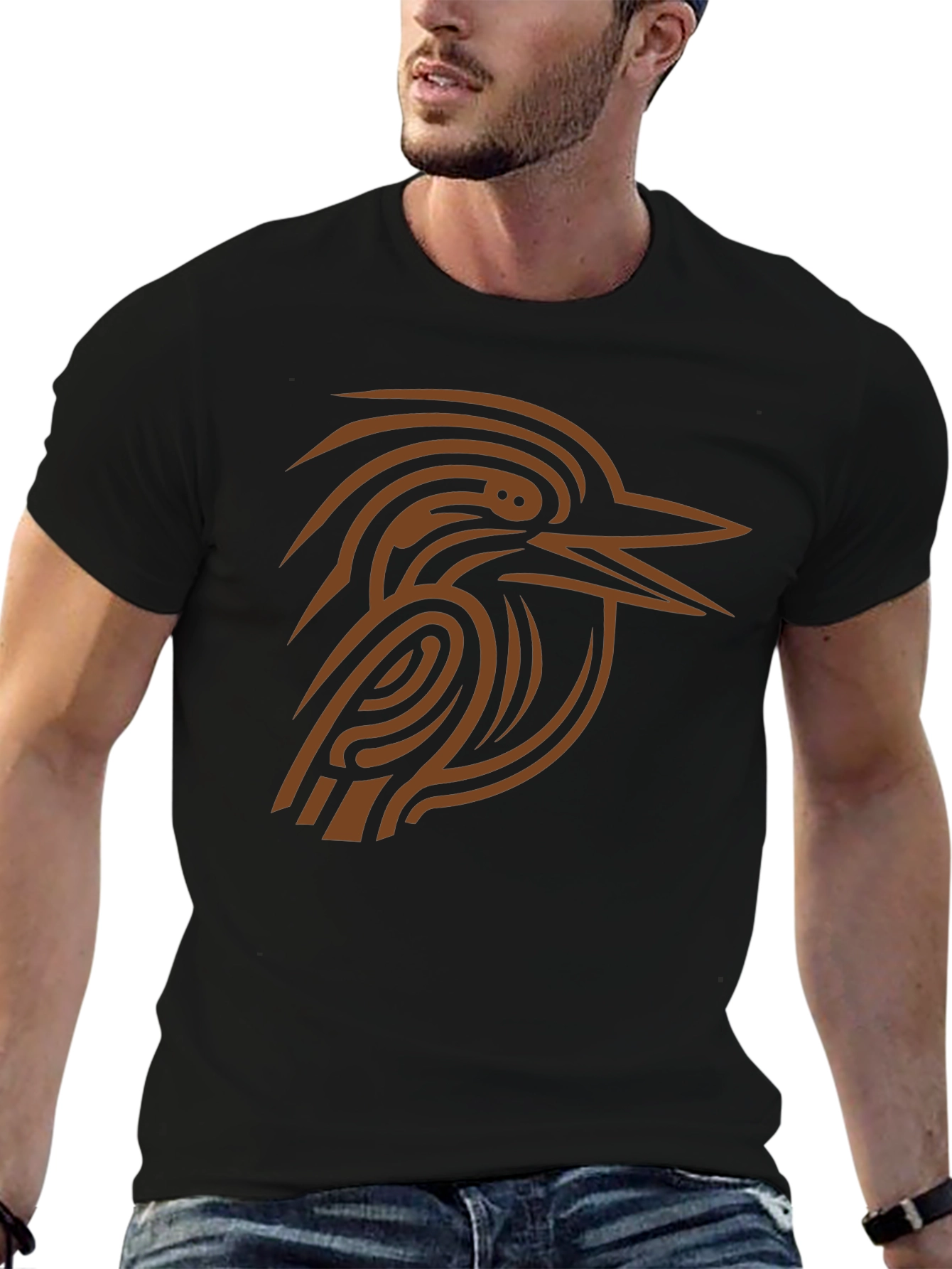 Abstract Bird Graphic Tee - Black Cotton Shirt