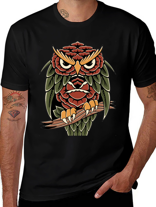 Owl Rose Tattoo Style Mens T-Shirt - Cool Graphic Tee