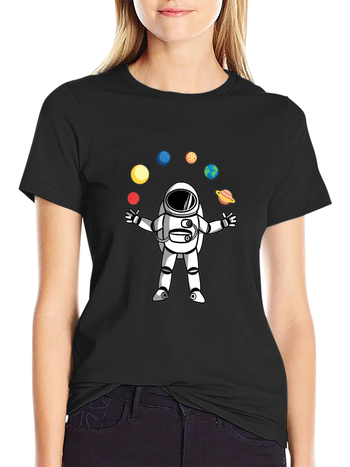 Astronaut Juggling Planets Black T-Shirt