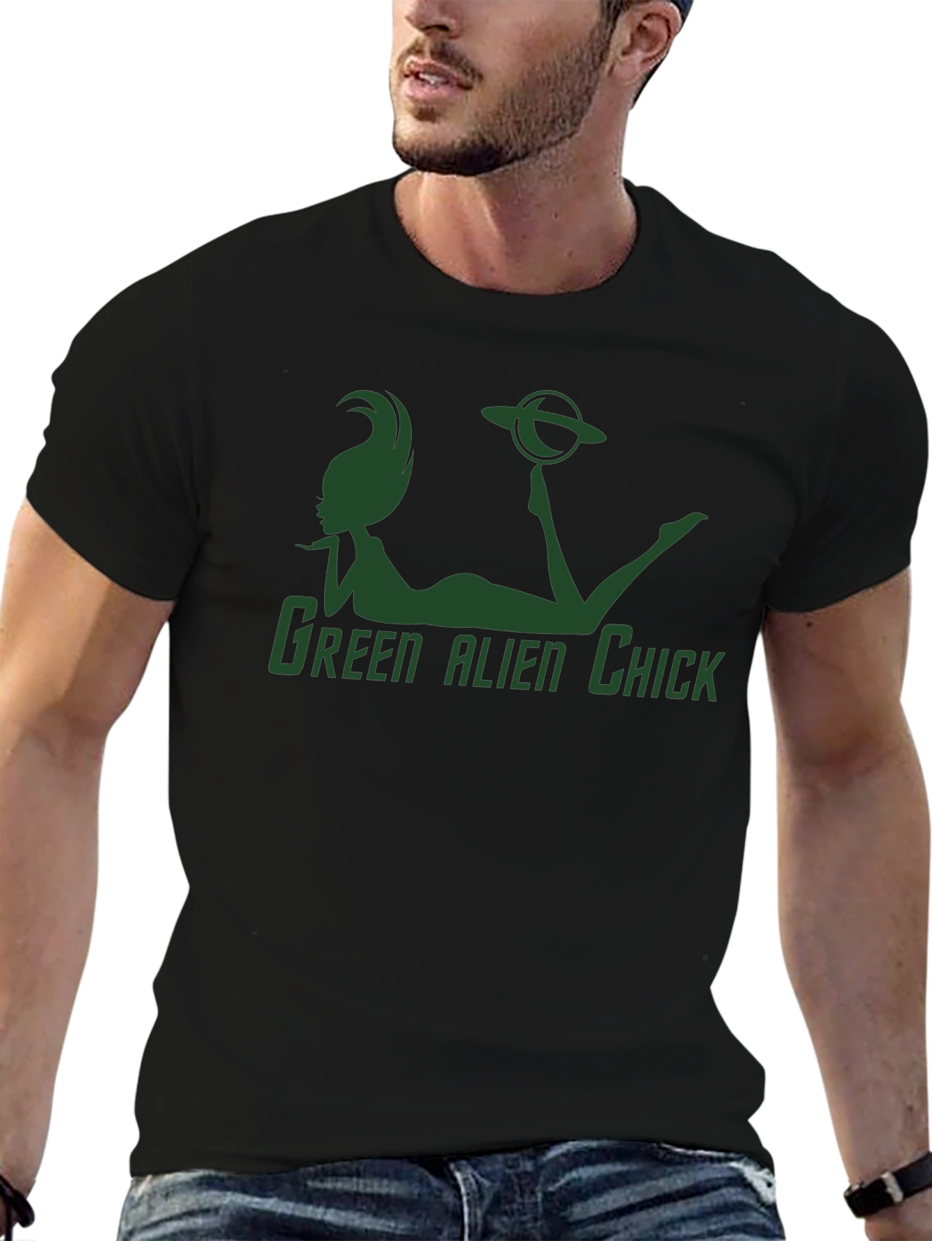 Green Alien Chick Graphic T-Shirt - Sci-Fi Novelty Tee