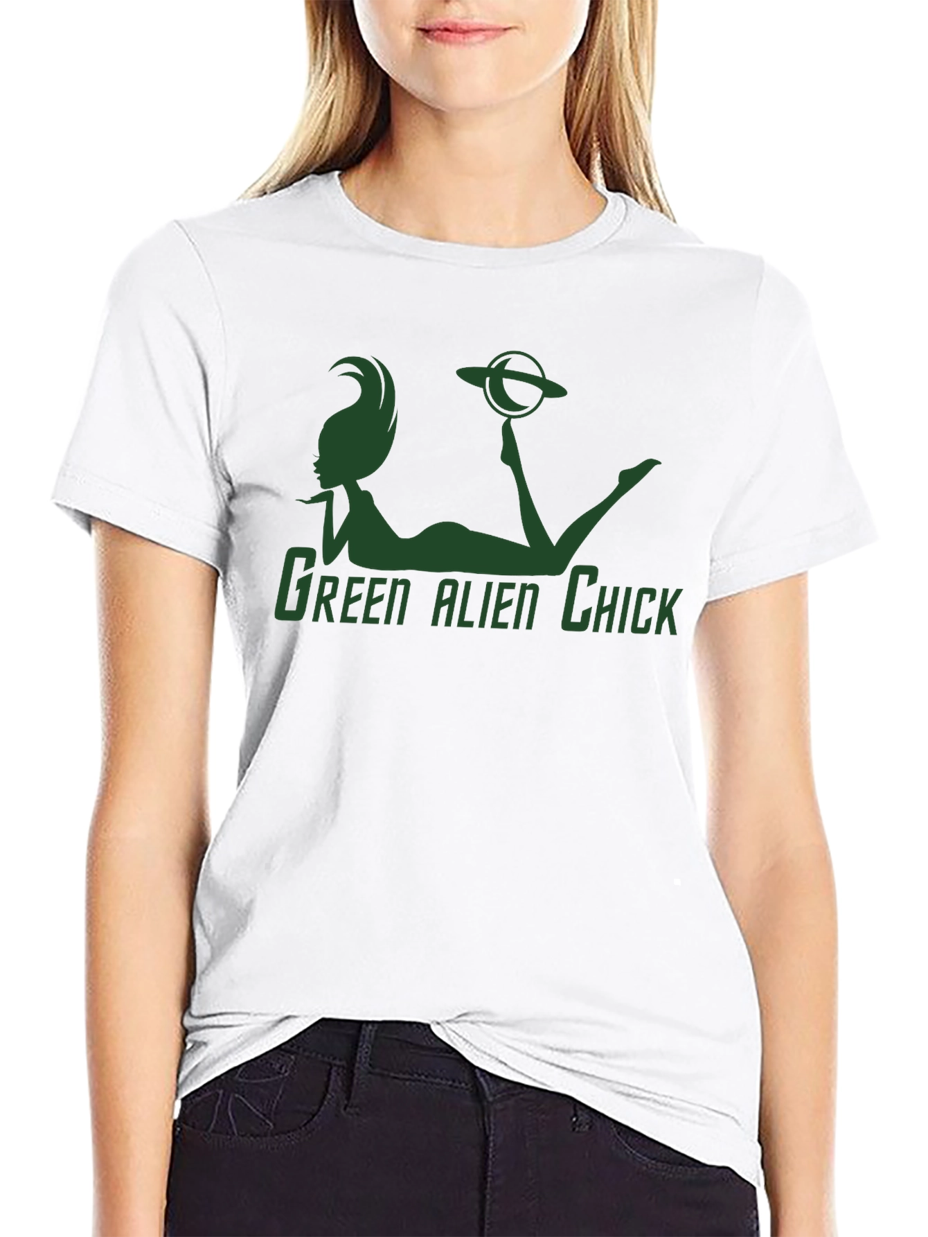 Green Alien Chick Graphic T-Shirt - Sci-Fi Novelty Tee