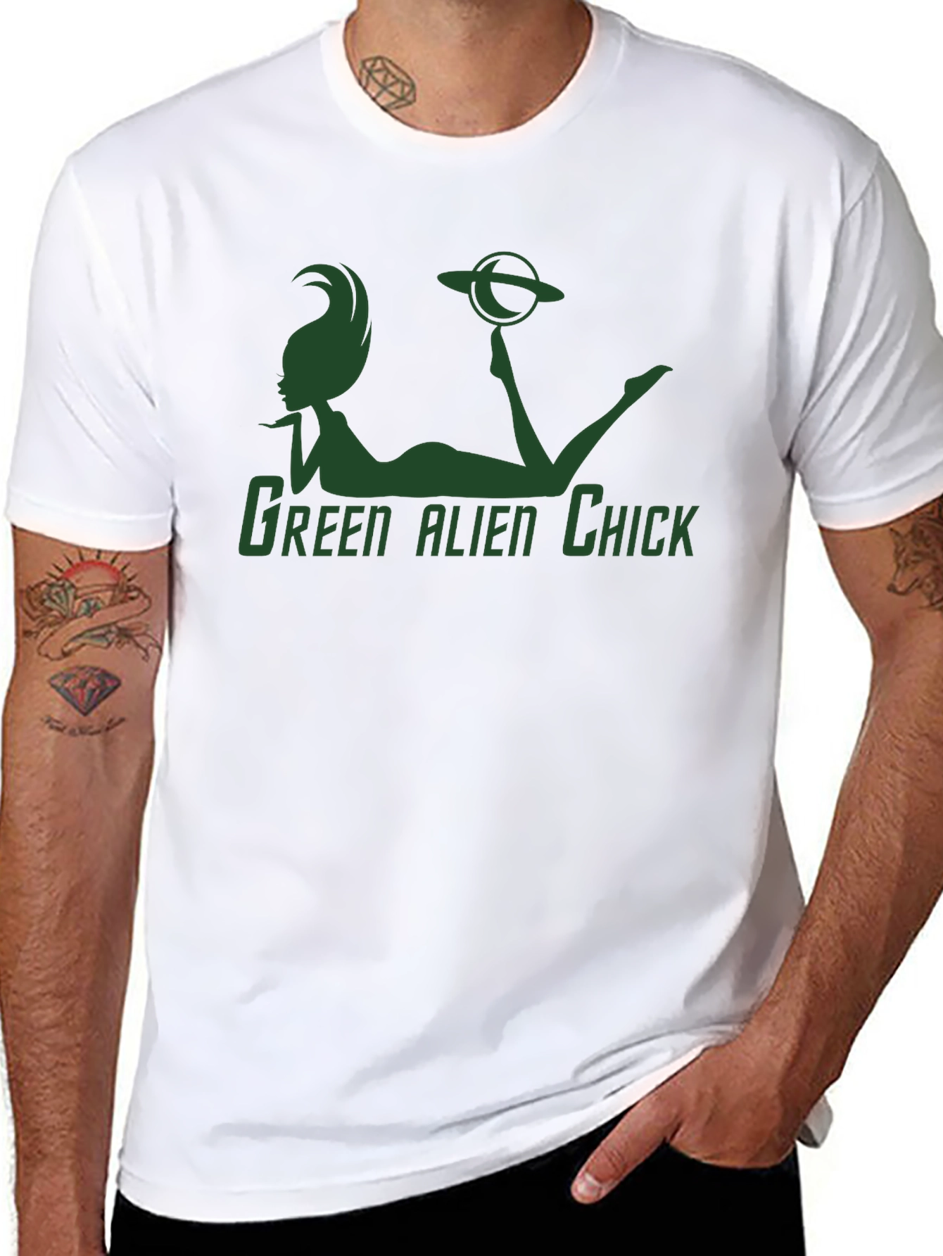 Green Alien Chick Graphic T-Shirt - Sci-Fi Novelty Tee