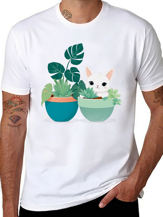 Cute Cat and Plants Graphic Black T-Shirt