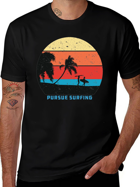 Retro Surfing T-Shirt - Palm Trees Sunset Graphic Tee