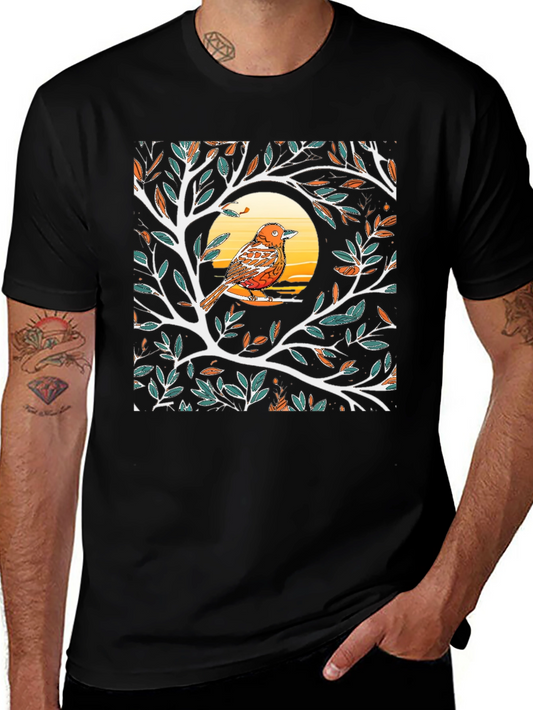 Bird on Branch Graphic Tee - Black Casual T-Shirt