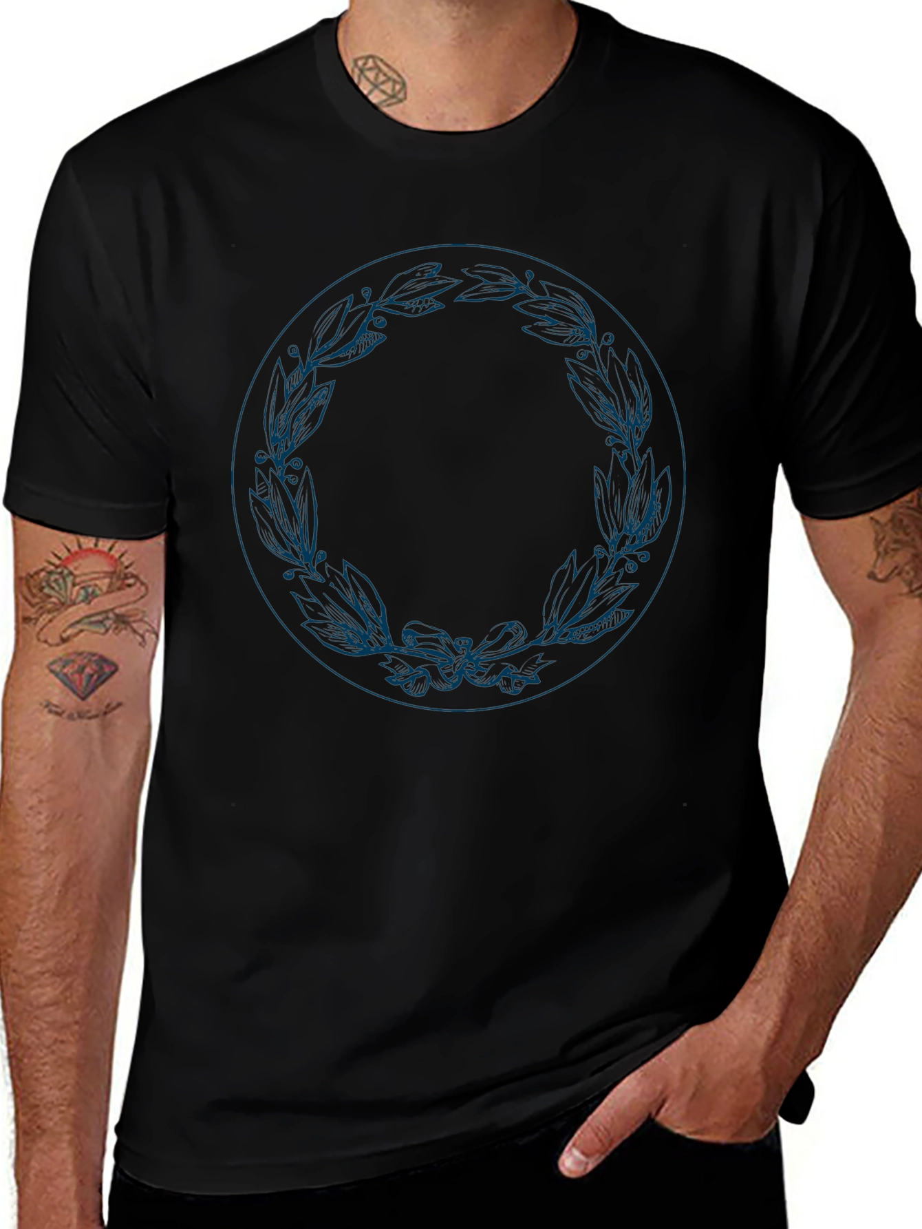 Leaf Wreath Graphic Tee - Stylish Mens Black T-Shirt