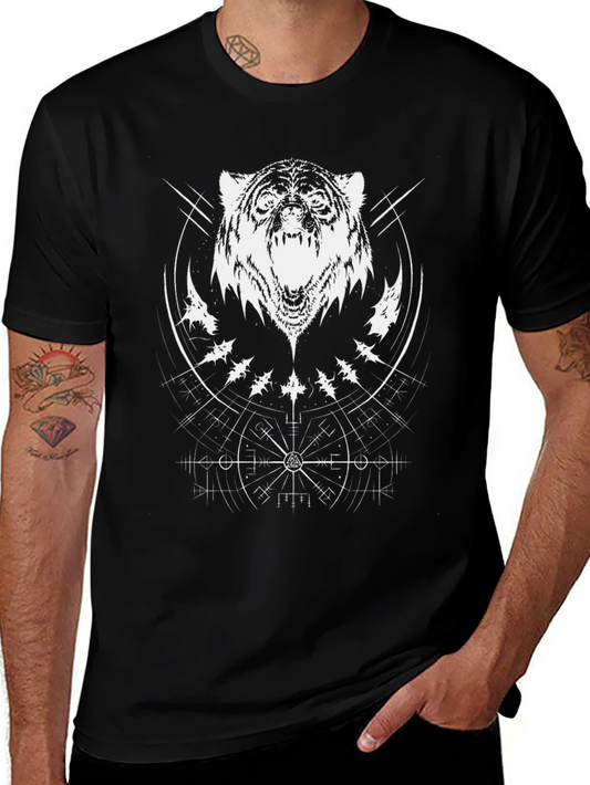 Black T-Shirt with White Tiger and Geometric Print