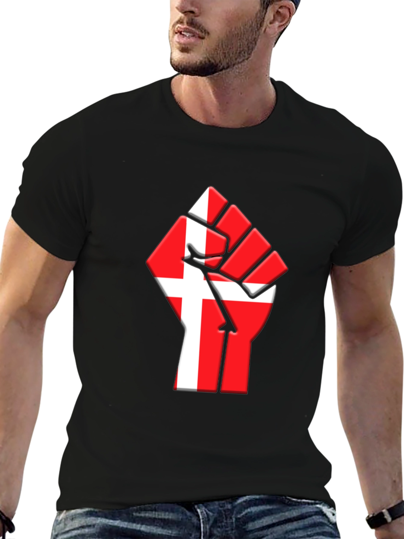 Danish Flag Fist Graphic Black T-Shirt