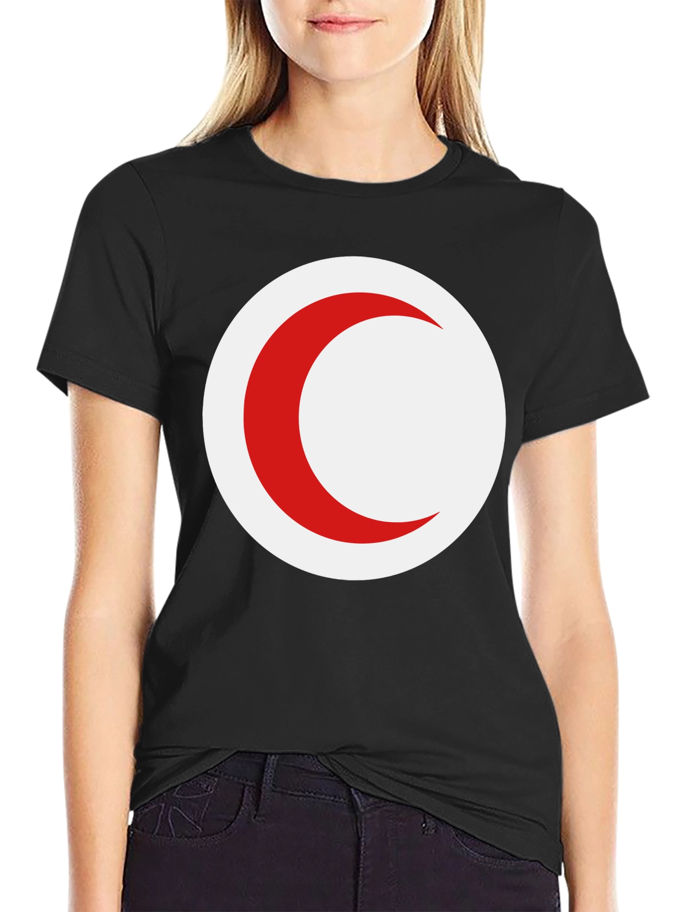 Red Crescent Moon Graphic Black T-Shirt