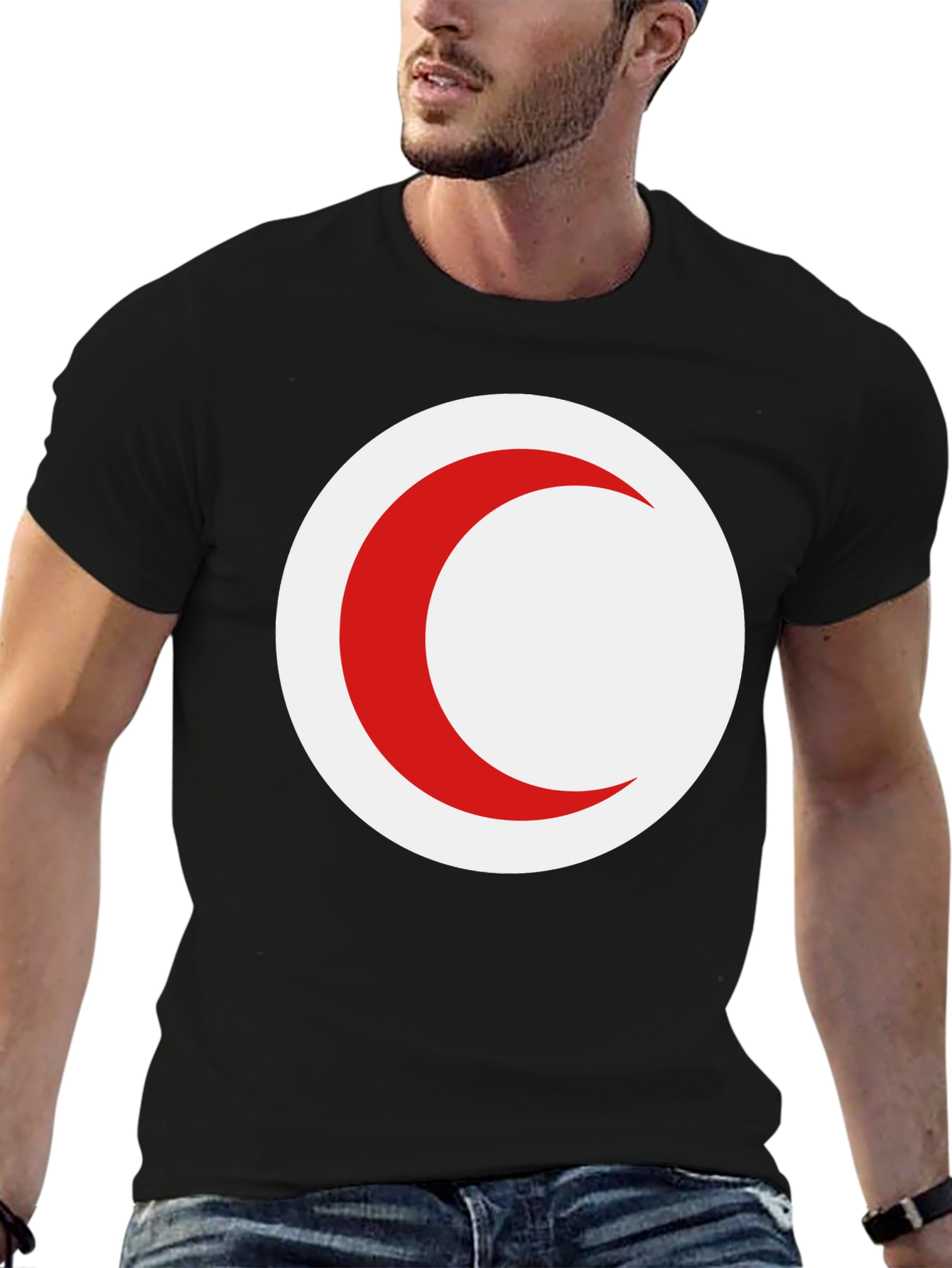 Red Crescent Moon Graphic Black T-Shirt