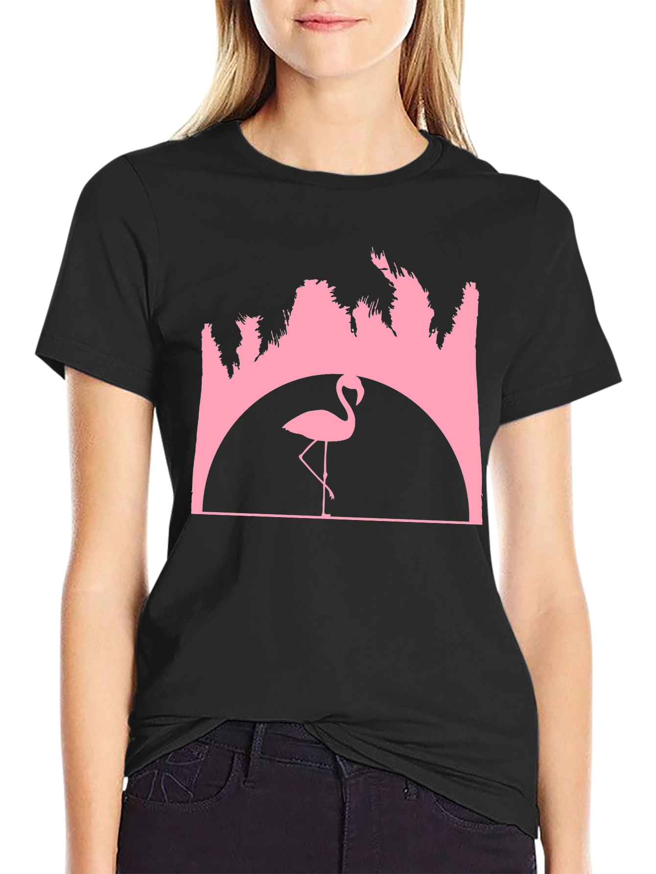 Flamingo Sunset Graphic Tee - Black Cotton T-Shirt