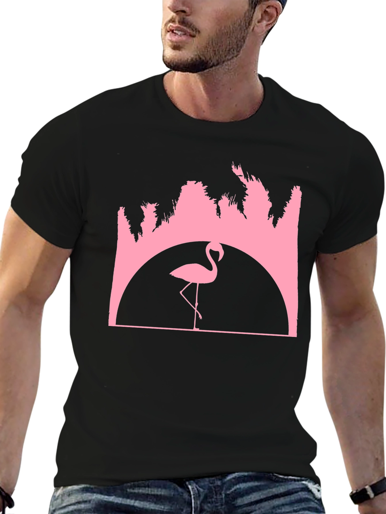 Flamingo Sunset Graphic Tee - Black Cotton T-Shirt