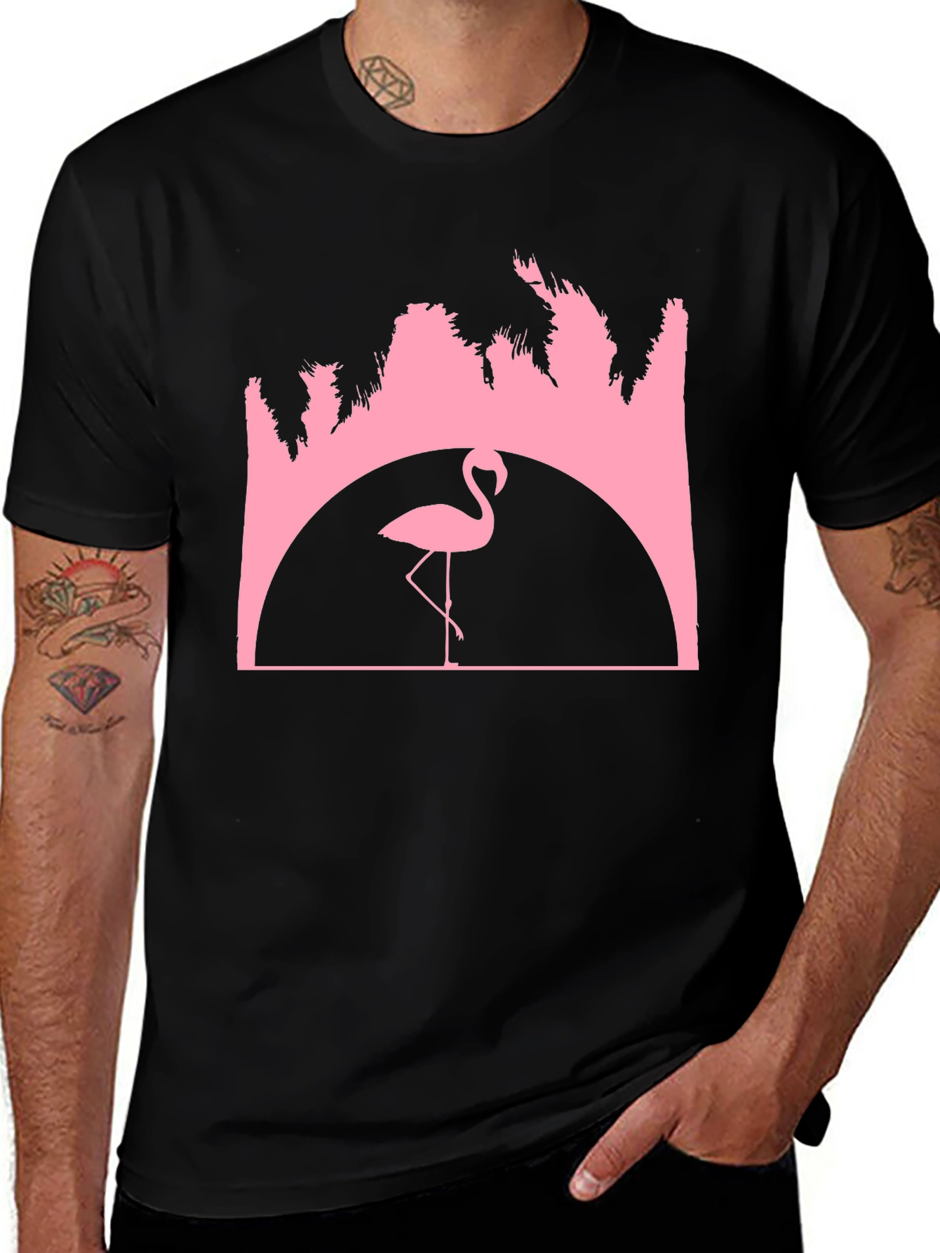 Flamingo Sunset Graphic Tee - Black Cotton T-Shirt