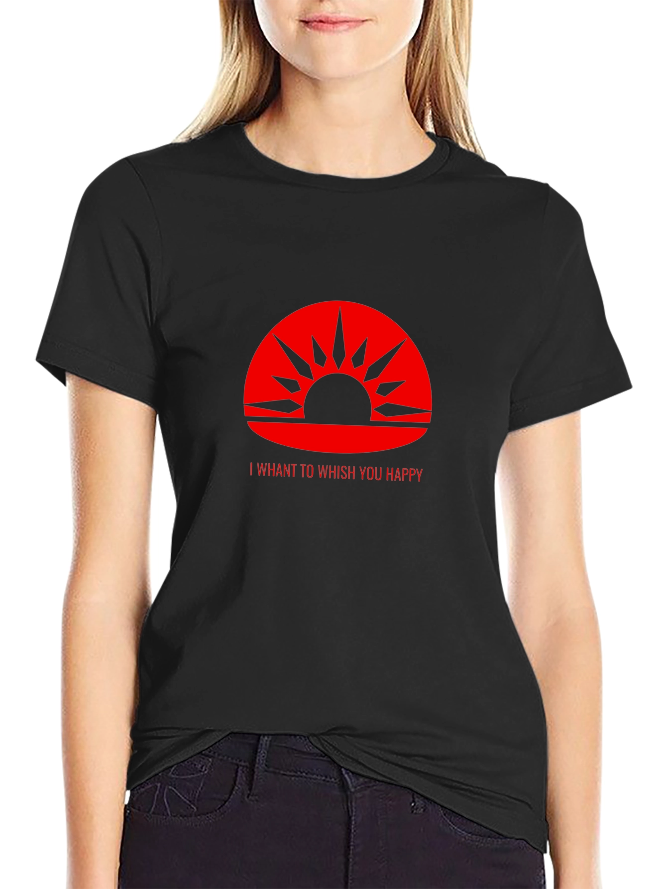 Red Sunrise Graphic Print Black T-Shirt