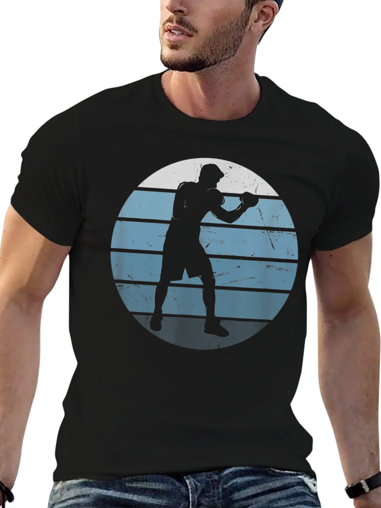 Retro Boxer Silhouette Graphic Tee - Mens Black T-Shirt