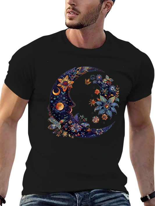 Floral Crescent Moon Graphic Tee - Cosmic Celestial Design