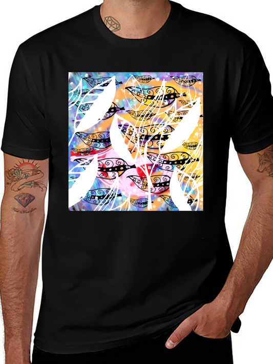 Abstract Art Leaf Print Black T-Shirt