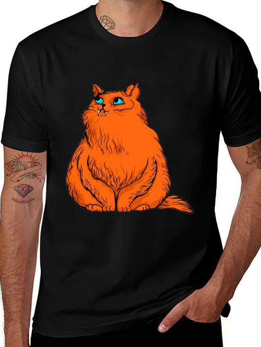 Orange Cat Graphic Tee - Black Cotton T-Shirt