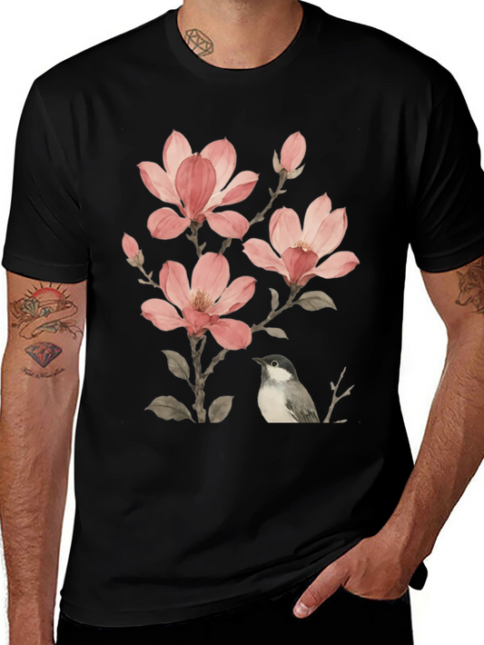 Floral Bird Print T-Shirt - Soft Cotton Blend