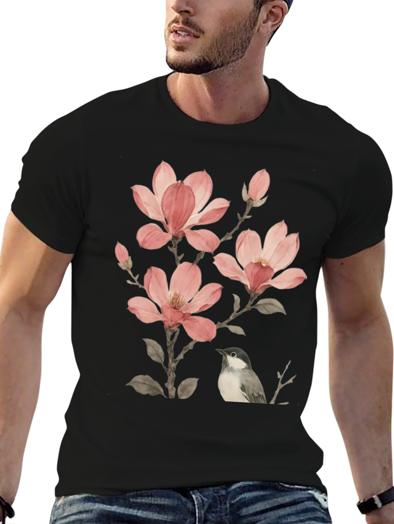 Floral Bird Print T-Shirt - Soft Cotton Blend
