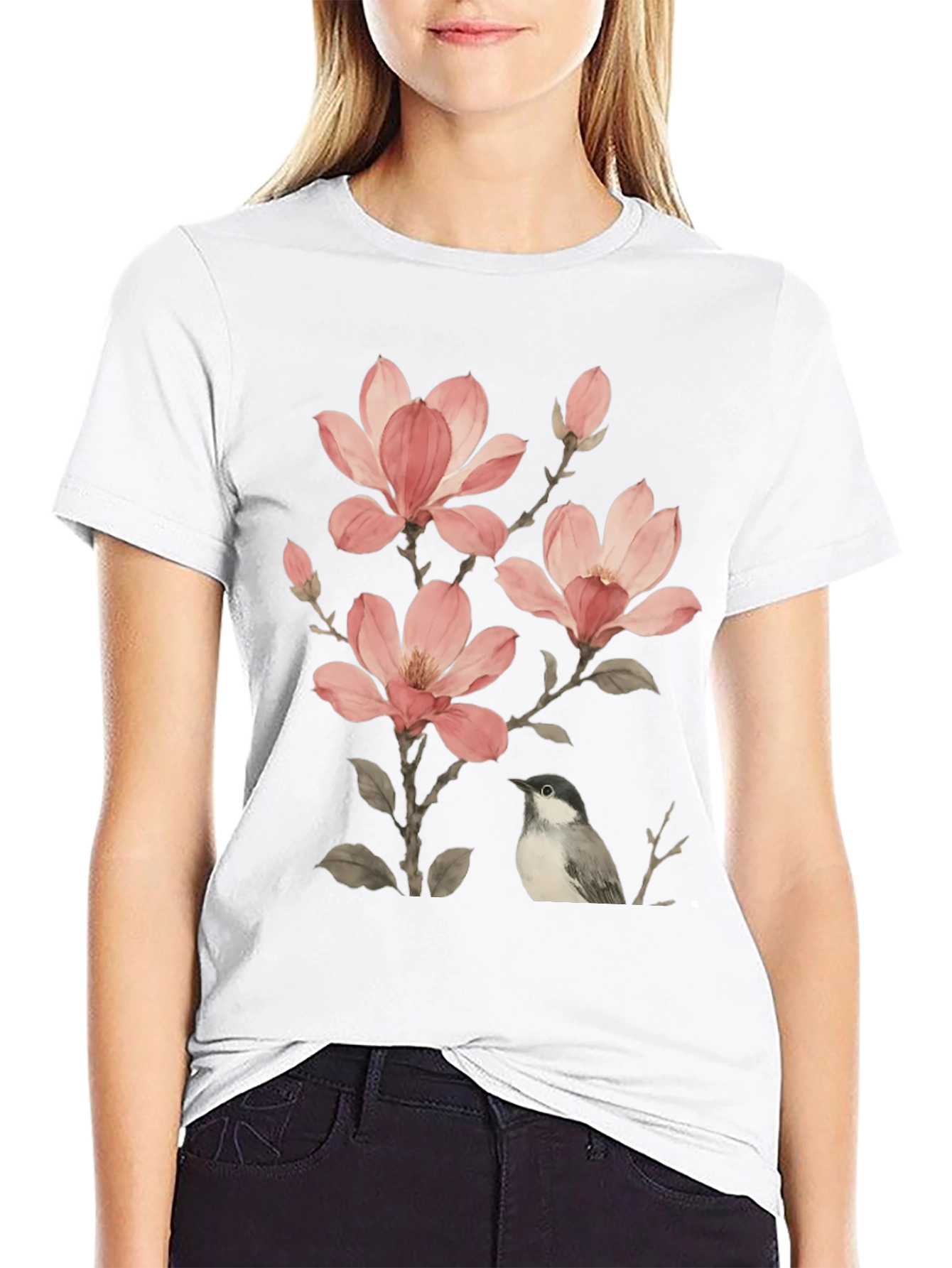 Floral Bird Print T-Shirt - Soft Cotton Blend